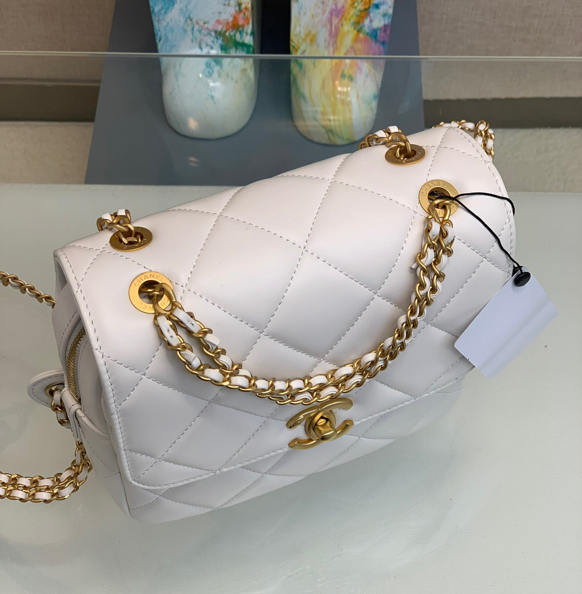 Chanel Mini Backpack Replica 11 Milk White With Gold Lock 18x20x11.5cm