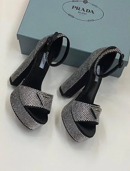 Prada Designer Classic Triangle Buckle Womens High Heeled Dress Shoes