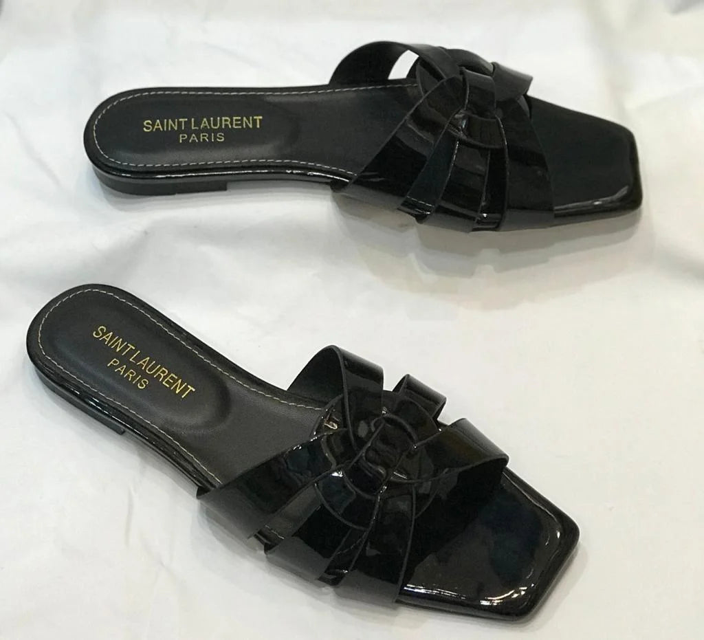 Saint Laurent Paris Patent Leather Tribute Flat Slides