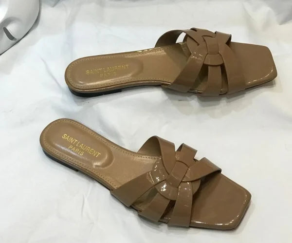 Saint Laurent Paris Patent Leather Tribute Flat Slides