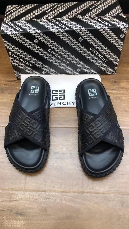 Givenchy Black Leather Embossed FF Logo Flat Sandals