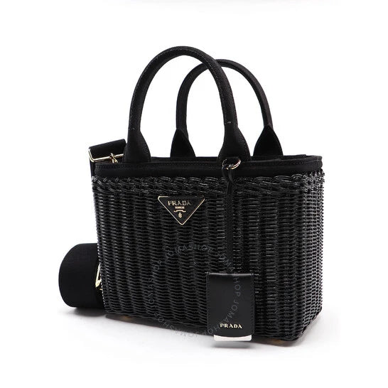 Prada Black Basket Tote Bag With Triangular Logo