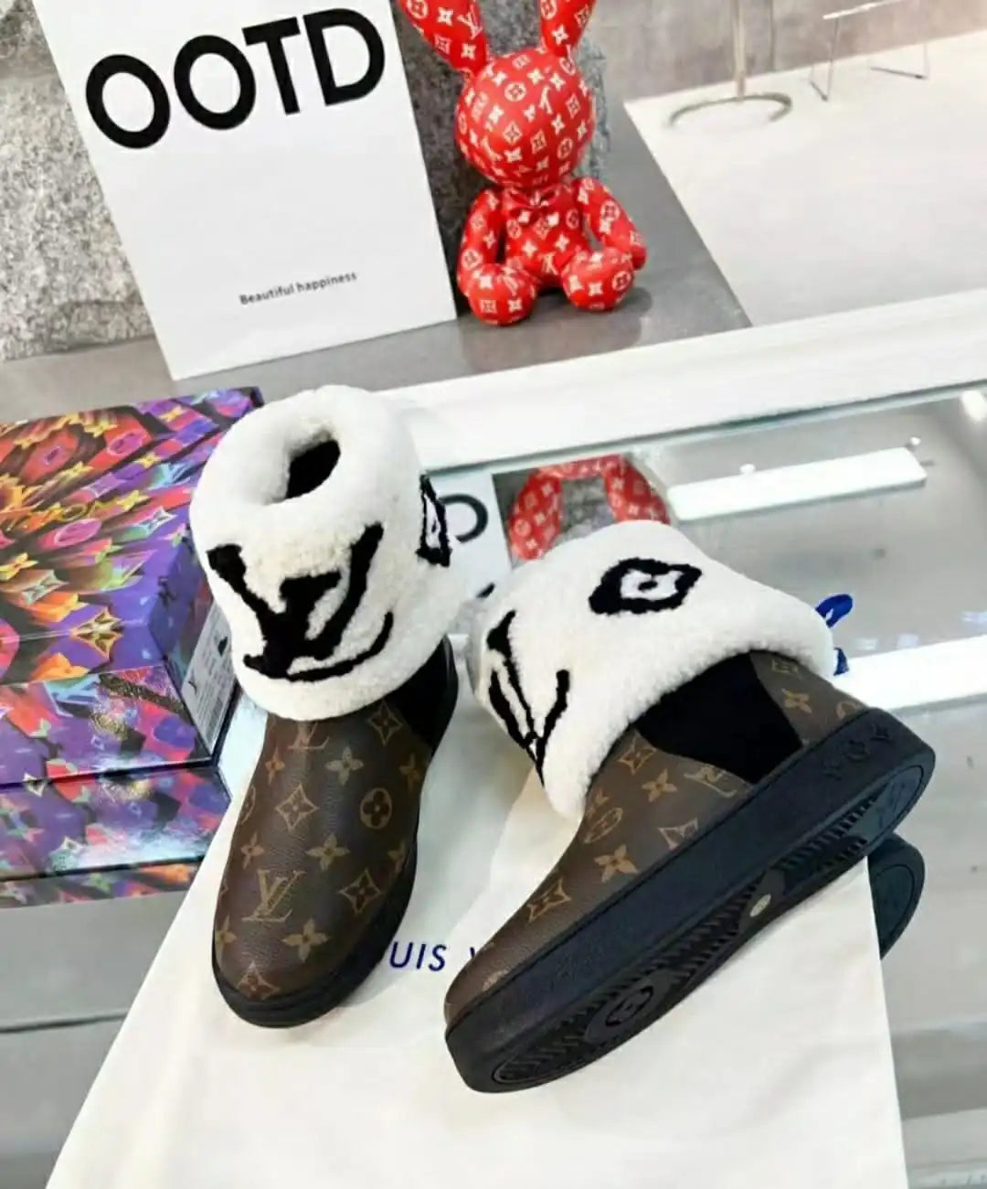 Louis Vuitton White Fur Ankel Boots