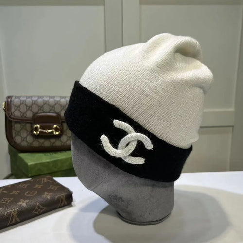 Chanel Cashmere Black White Beanie Logo CC Wool Cap