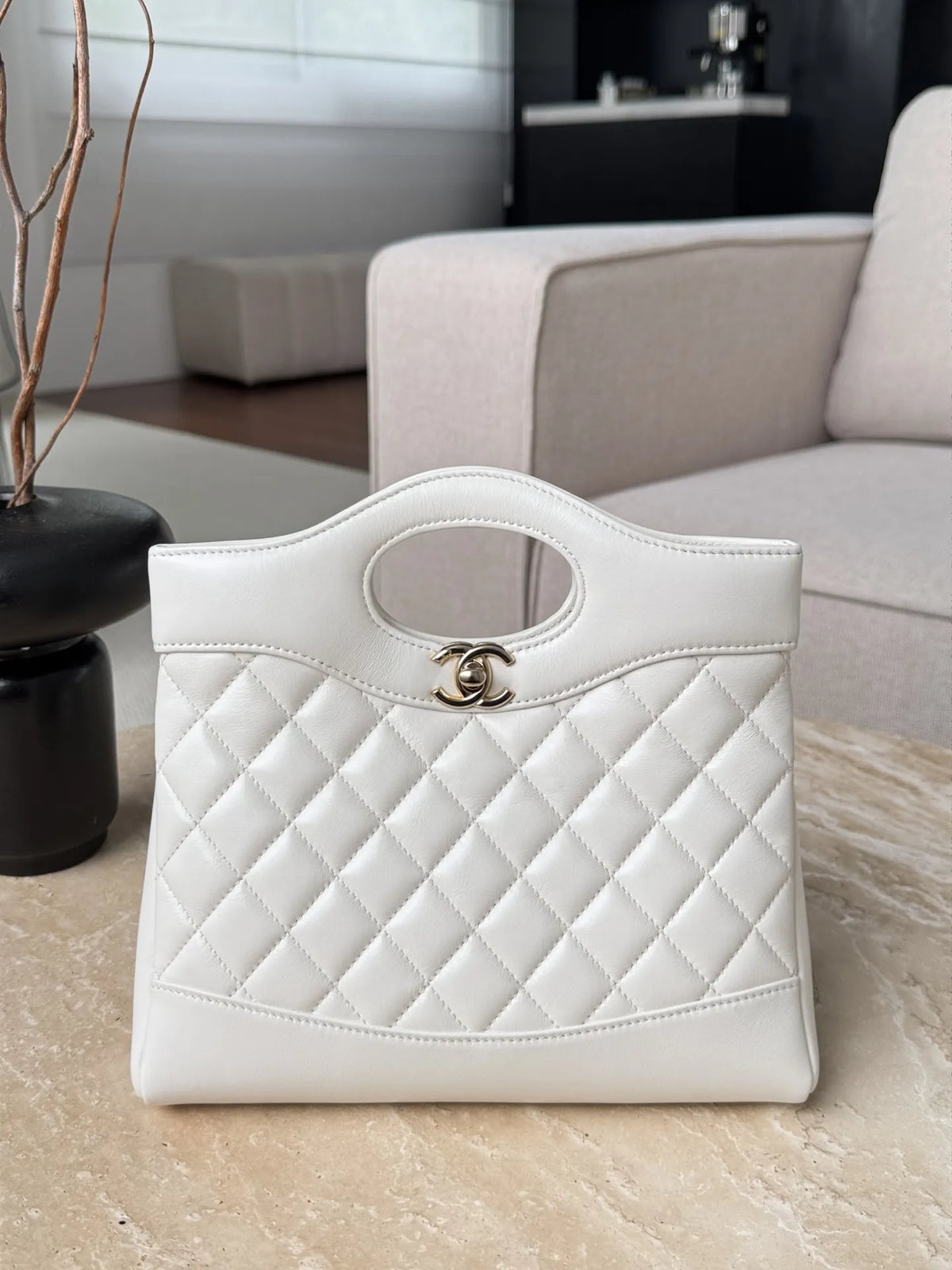 Chanel Quilted Lambskin Shopping Bag In white