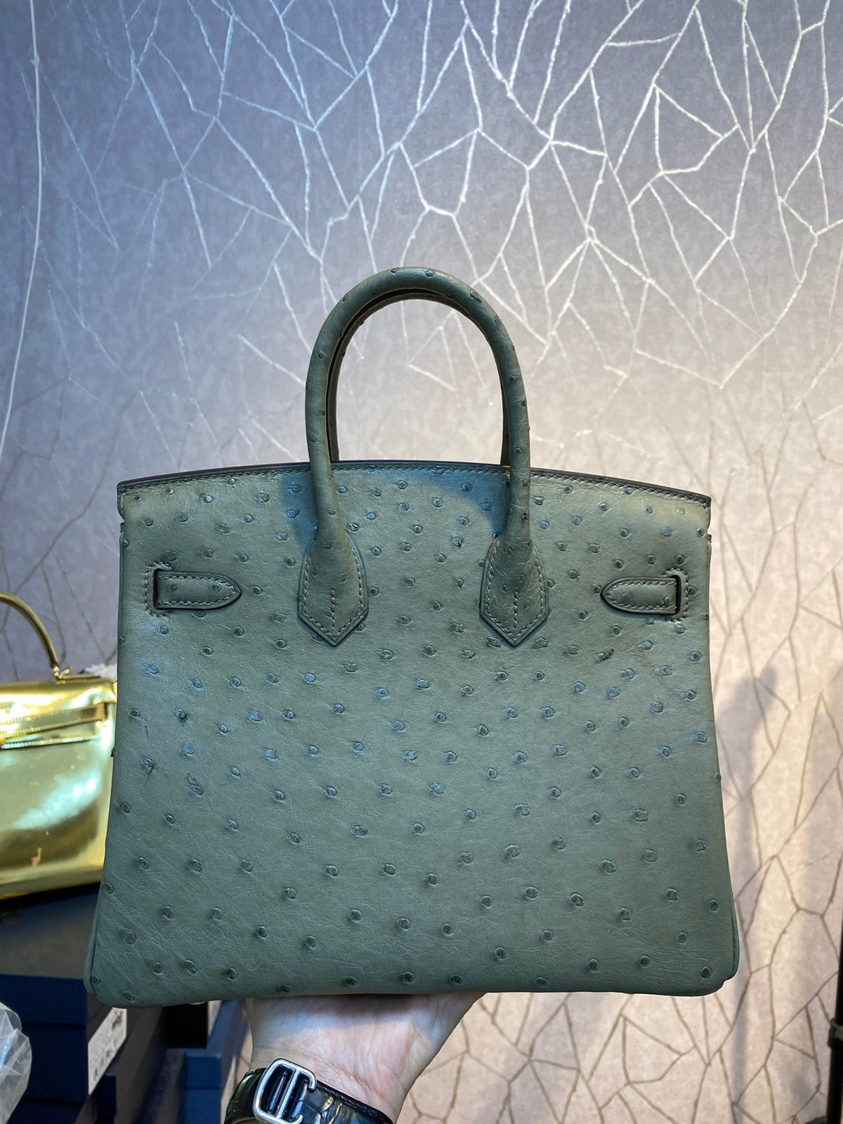 HN 30CM KHAKI OSTRICH LEATHER SILVER HARDWARE