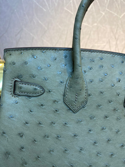 HN 30CM KHAKI OSTRICH LEATHER SILVER HARDWARE