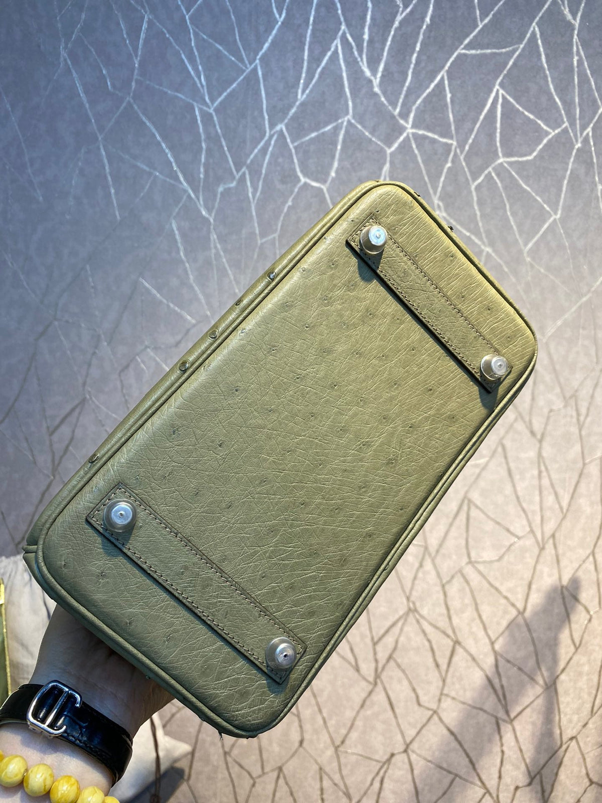 HN 30CM KHAKI OSTRICH LEATHER SILVER HARDWARE