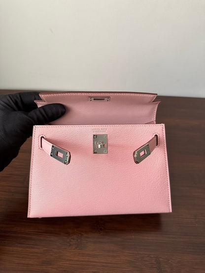 HN Mini Kelly 20 bag in Rose Sakura leather with silver hardware
