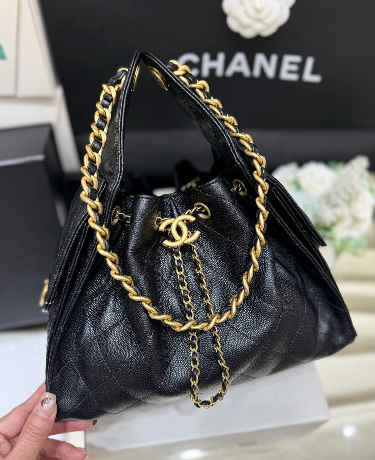 CHANEL 25 SMALL BLACK CAVIAR GOLD HARDWARE