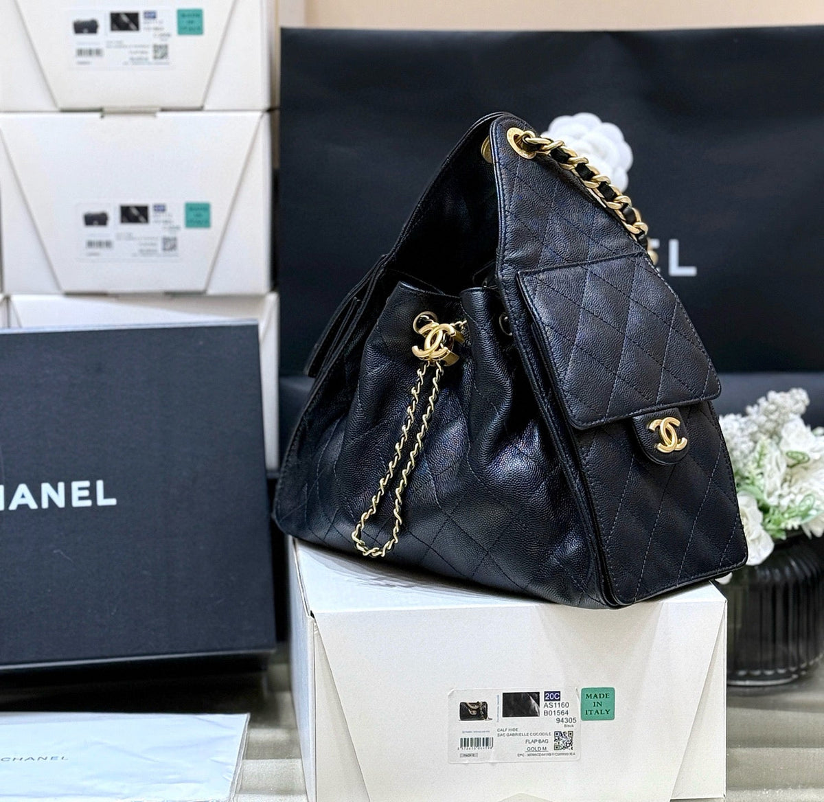 CHANEL 25 SMALL BLACK CAVIAR GOLD HARDWARE