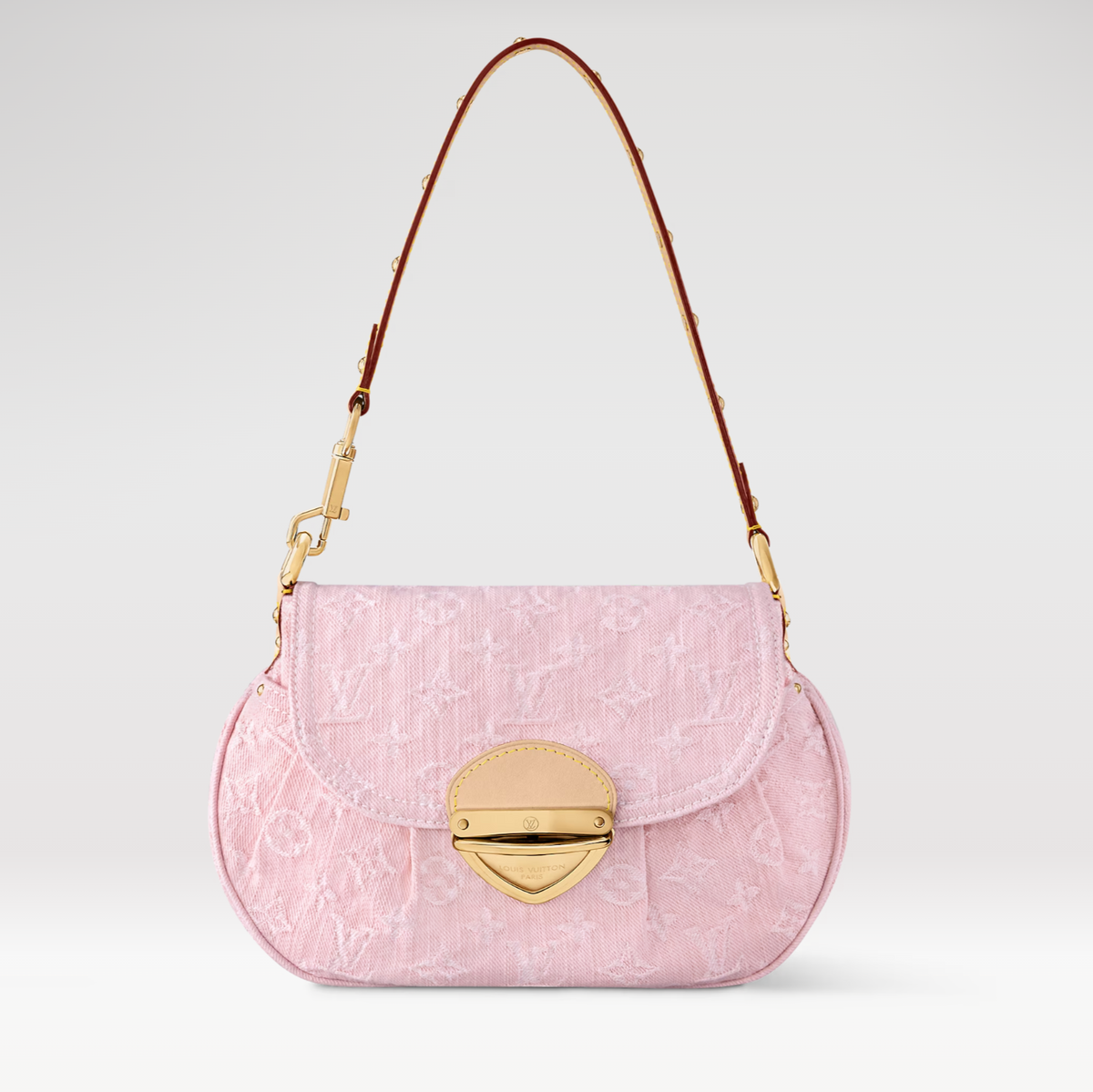 SUNSET 27 IN WASHED PINK MONOGRAM DENIM GOLD BUCKLE