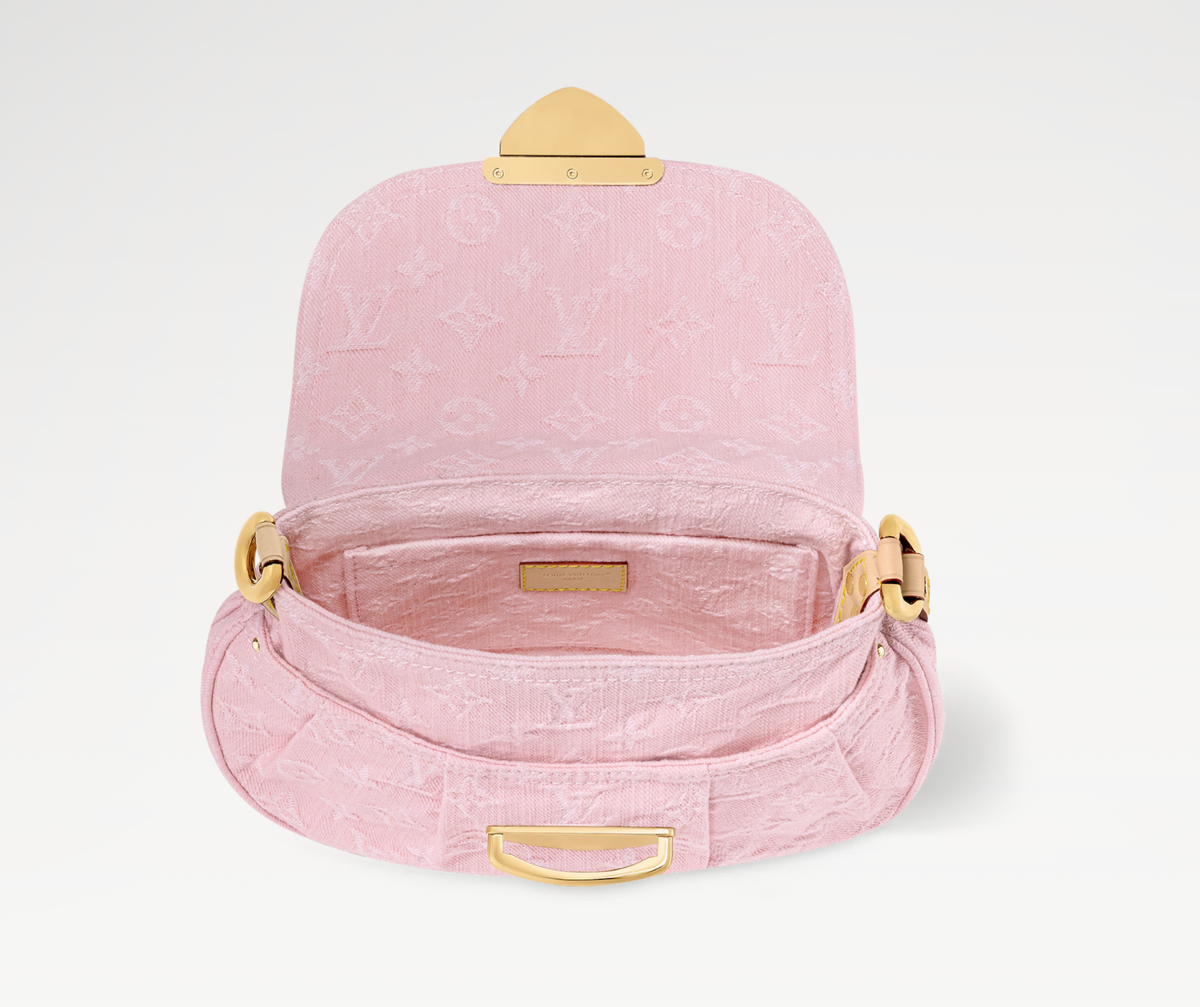 SUNSET 27 IN WASHED PINK MONOGRAM DENIM GOLD BUCKLE