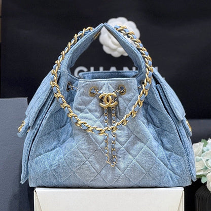 CHANEL 25 SMALL IN BLUE 30 DENIM GOLD HARDWARE