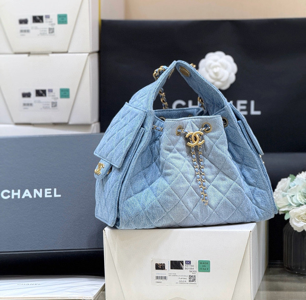 CHANEL 25 SMALL IN BLUE 30 DENIM GOLD HARDWARE
