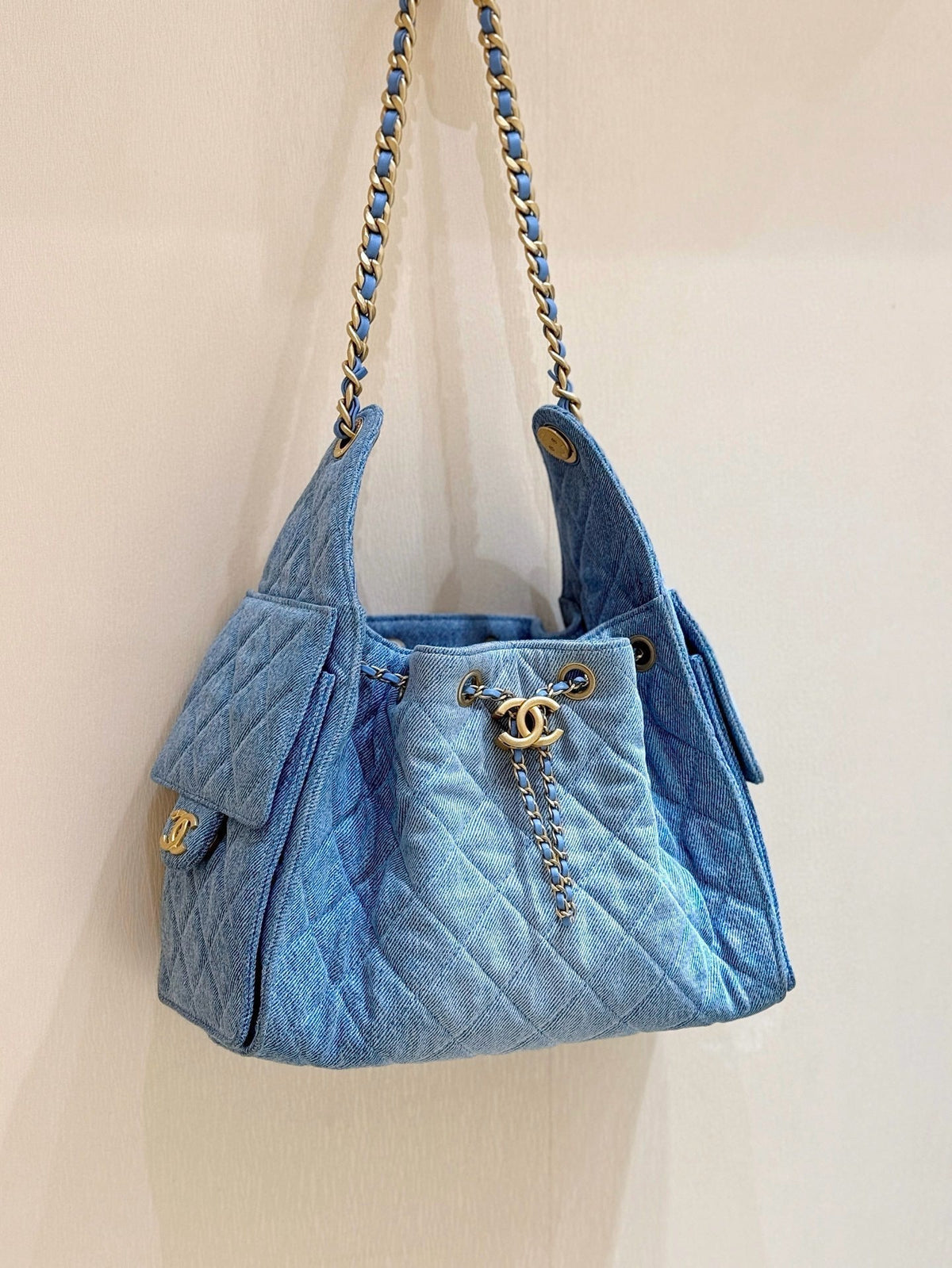 CHANEL 25 SMALL IN BLUE 30 DENIM GOLD HARDWARE