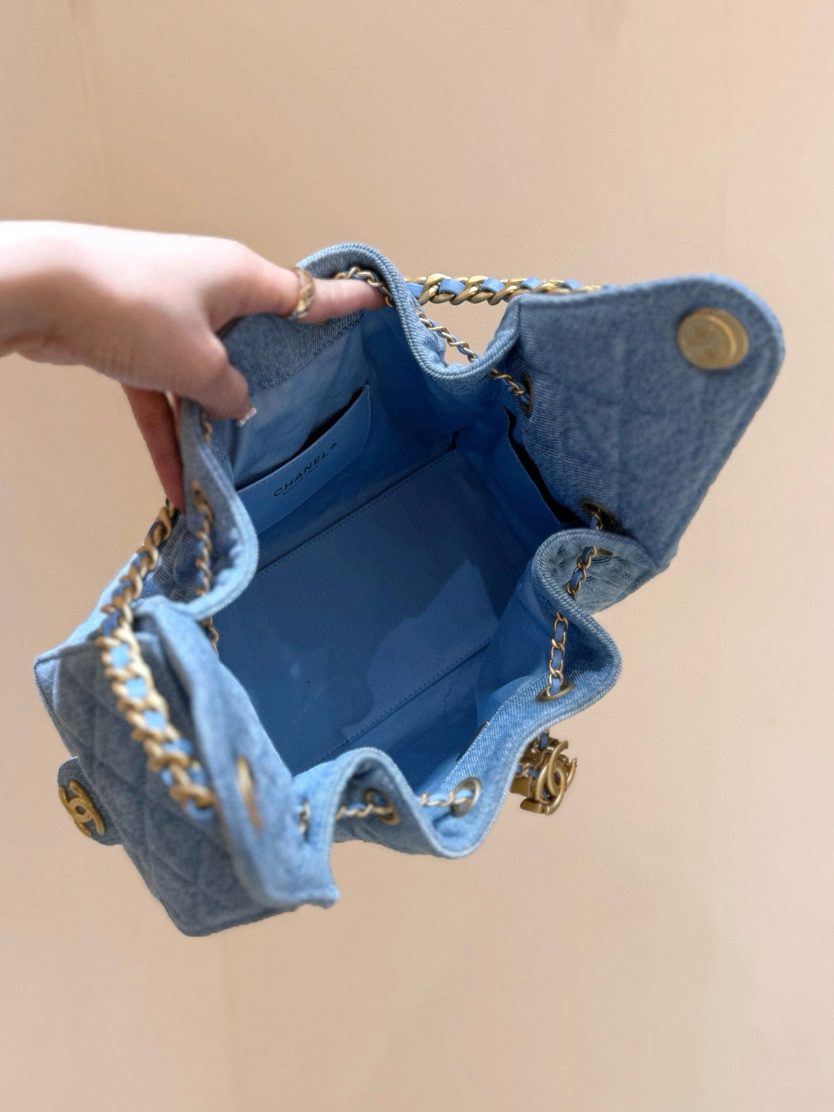 CHANEL 25 SMALL IN BLUE 30 DENIM GOLD HARDWARE