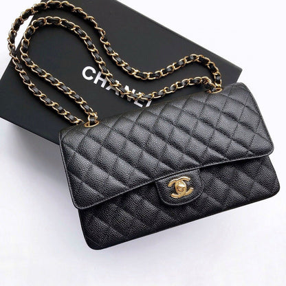 CHANEL FLAP BAG 25 IN BLACK CAVIAR LEATHER GOLD HARDWARE