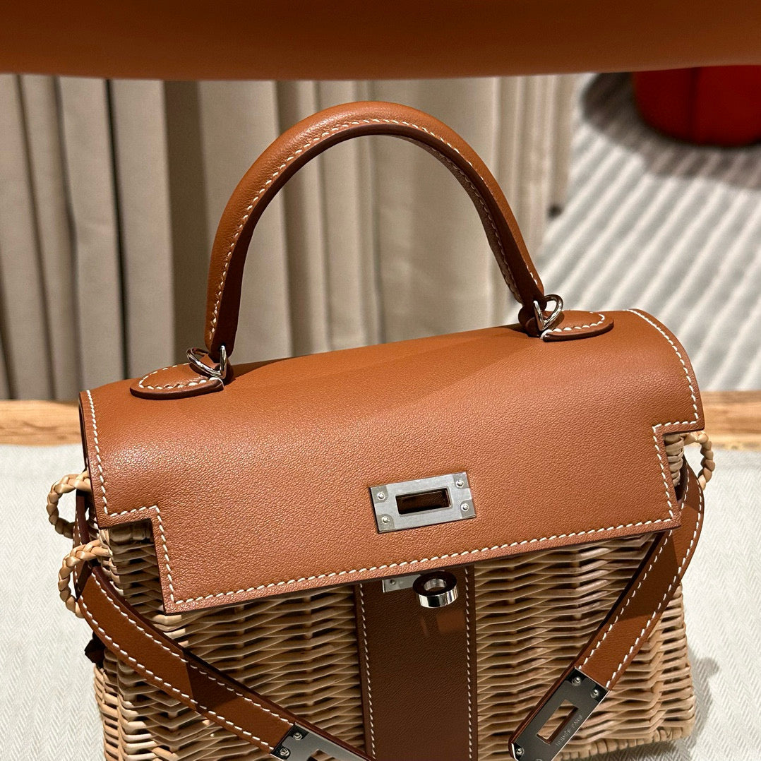 HN PICNIC HANDBAG IN BROWN & NATURAL LEATHER AND WICKER SILVER HARDWARE