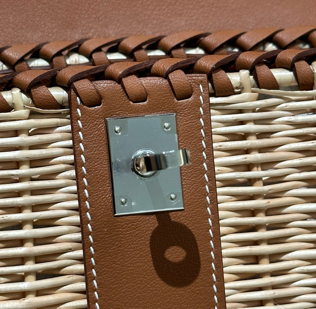 HN PICNIC HANDBAG IN BROWN & NATURAL LEATHER AND WICKER SILVER HARDWARE