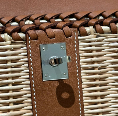 HN PICNIC HANDBAG IN BROWN & NATURAL LEATHER AND WICKER SILVER HARDWARE
