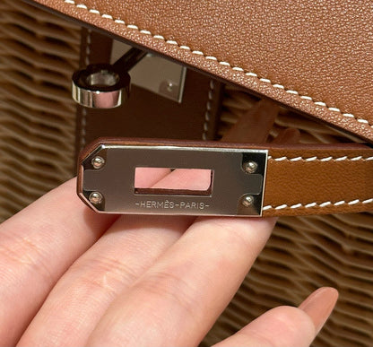 HN PICNIC HANDBAG IN BROWN & NATURAL LEATHER AND WICKER SILVER HARDWARE
