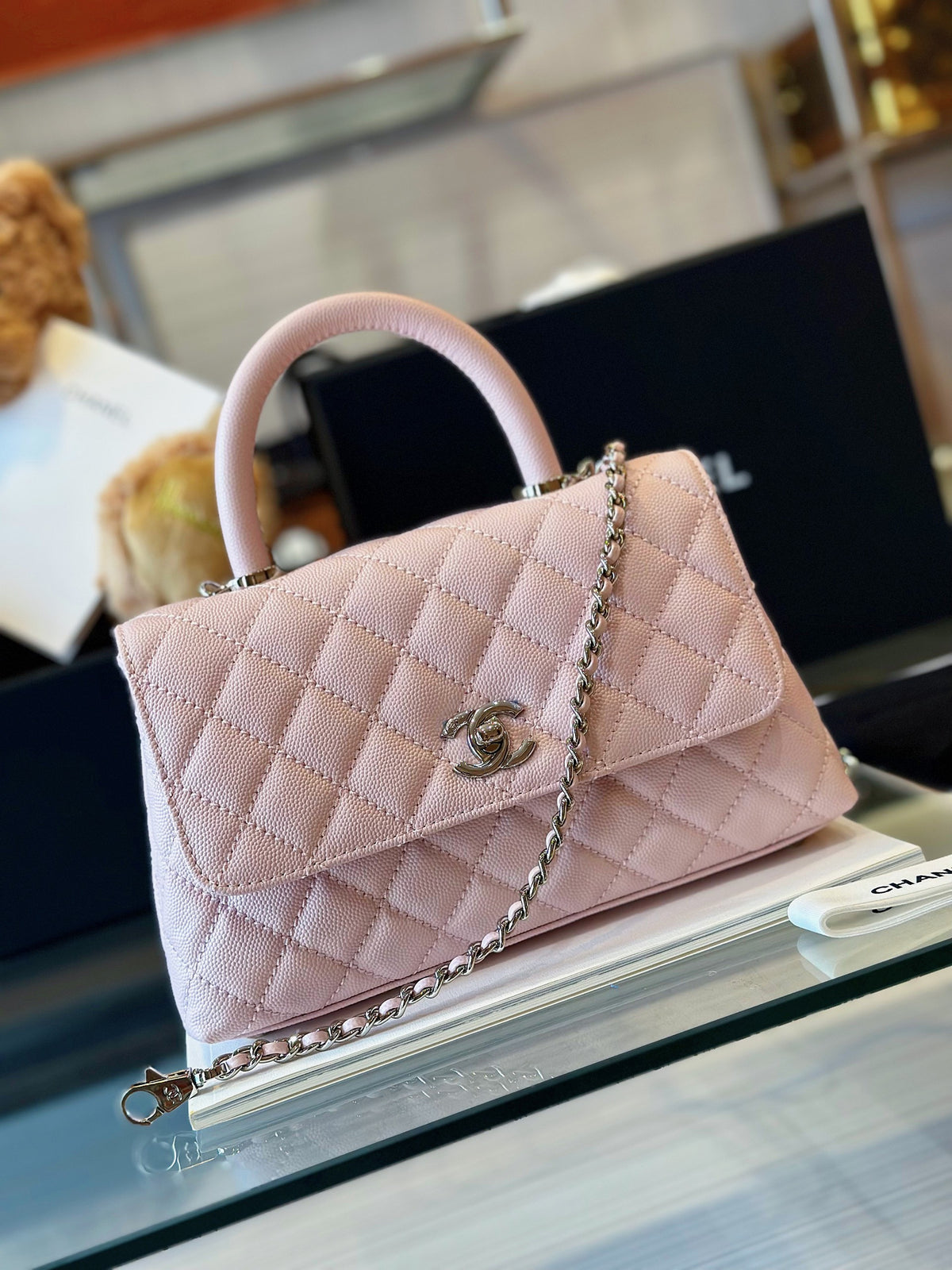Chanel Coco Handbags Leather Pink With Silver Lock 23cm