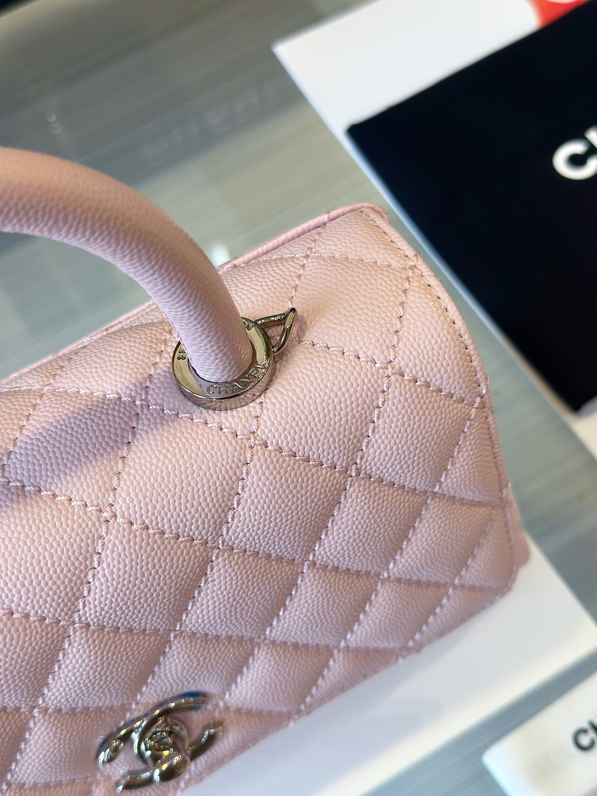 Chanel Coco Handbags Leather Pink With Silver Lock 23cm