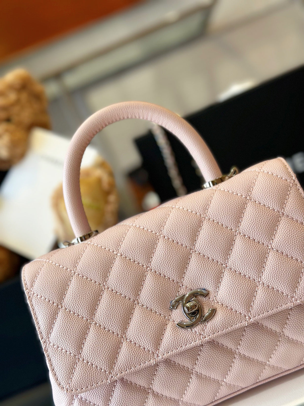 Chanel Coco Handbags Leather Pink With Silver Lock 23cm