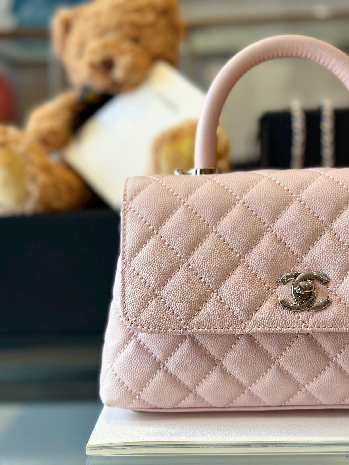 Chanel Coco Handbags Leather Pink With Silver Lock 23cm