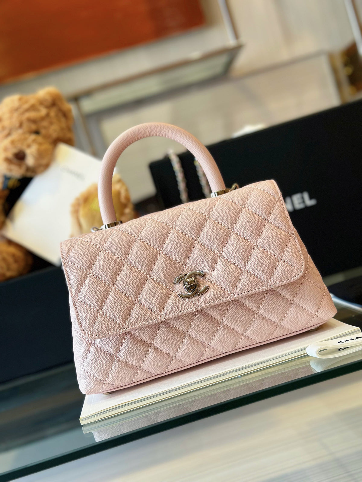 Chanel Coco Handbags Leather Pink With Silver Lock 23cm
