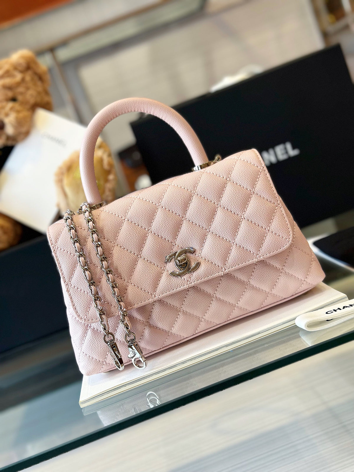 Chanel Coco Handbags Leather Pink With Silver Lock 23cm
