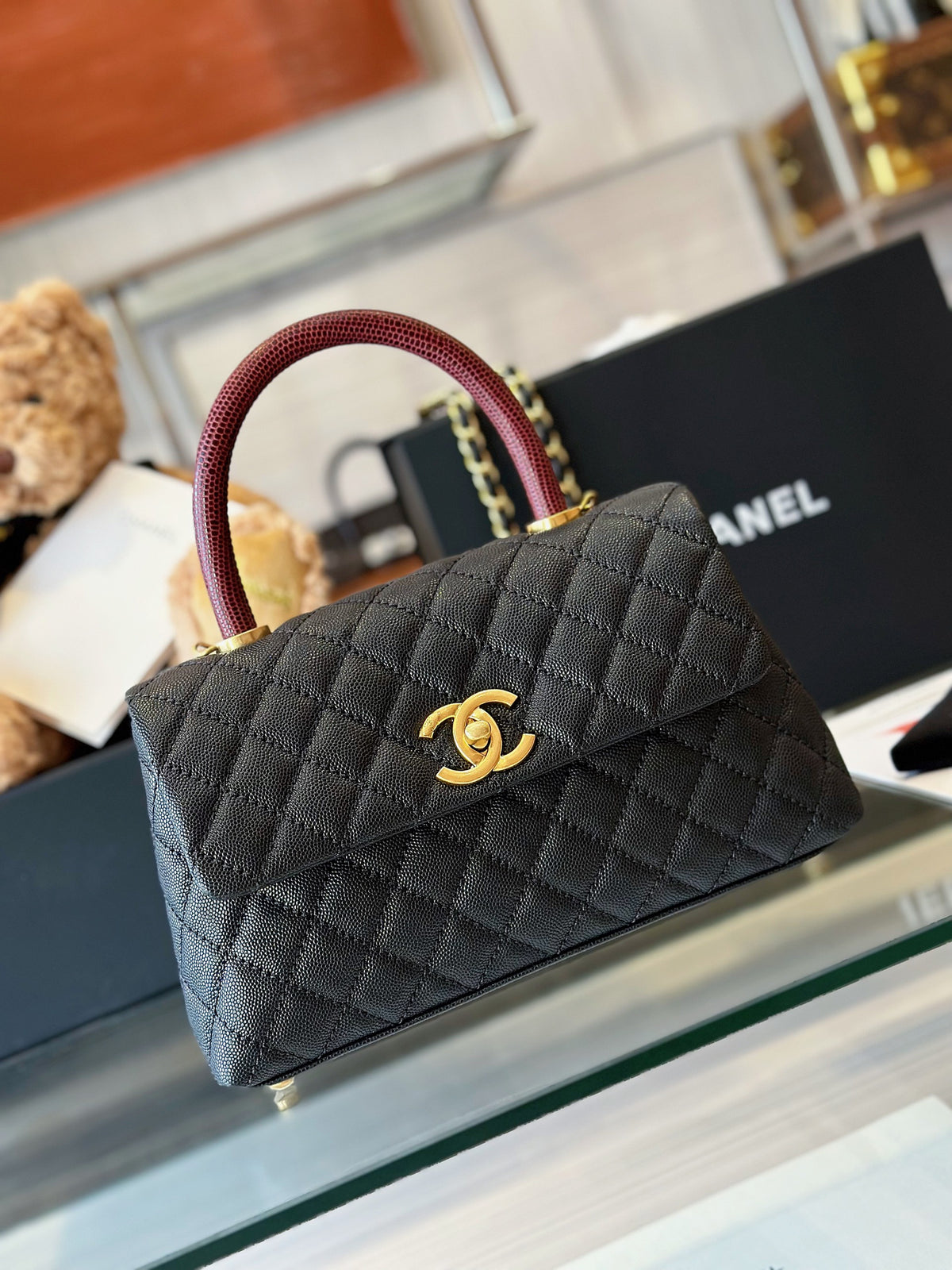 Chanel Handbag Coco Lock Gold Lizard Skin Black 24cm