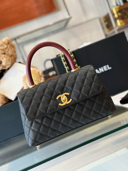 Chanel Handbag Coco Lock Gold Lizard Skin Black 24cm