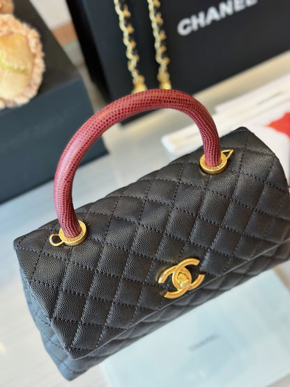 Chanel Handbag Coco Lock Gold Lizard Skin Black 24cm
