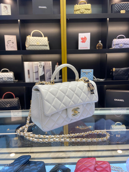 Chanel Handle Charm Like Auth Handbags Lock Gold Demi White 20x12cm