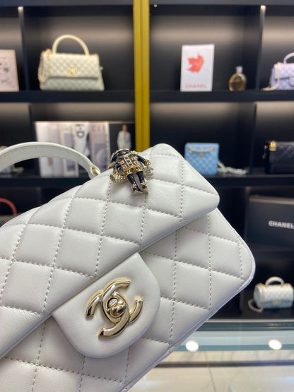 Chanel Handle Charm Like Auth Handbags Lock Gold Demi White 20x12cm