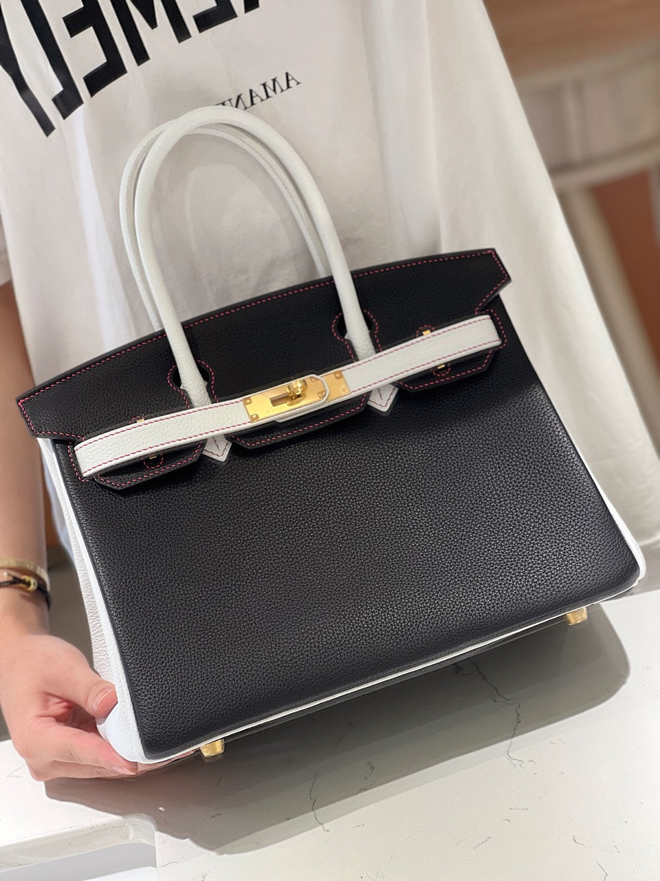 HN 30 Black/White Togo leather Gold Hardware