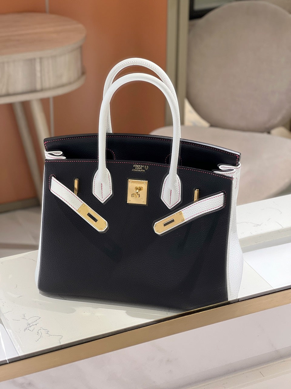 HN 30 Black/White Togo leather Gold Hardware