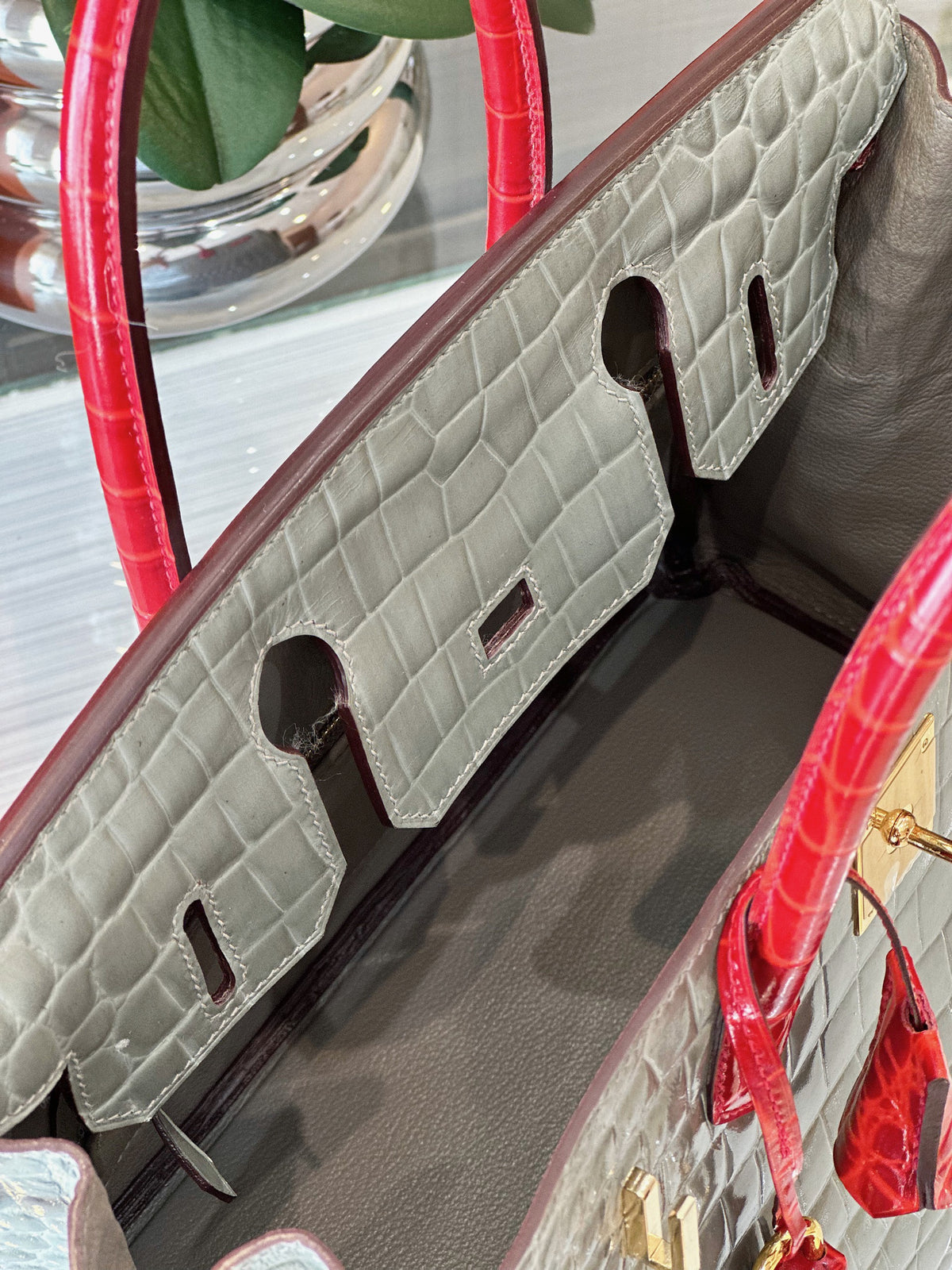 HN Genuine Crocodile Leather Gray and Red Custom Made