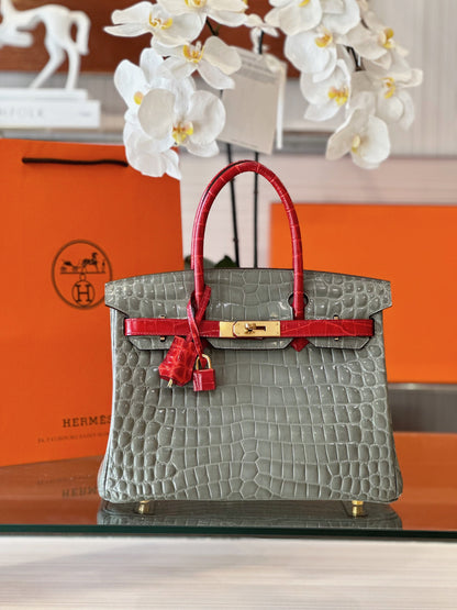 HN Genuine Crocodile Leather Gray and Red Custom Made