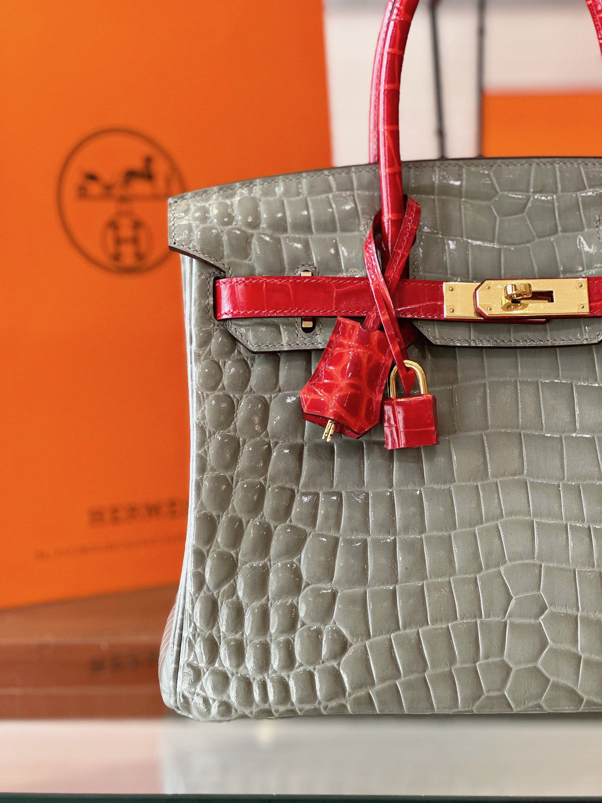 HN Genuine Crocodile Leather Gray and Red Custom Made