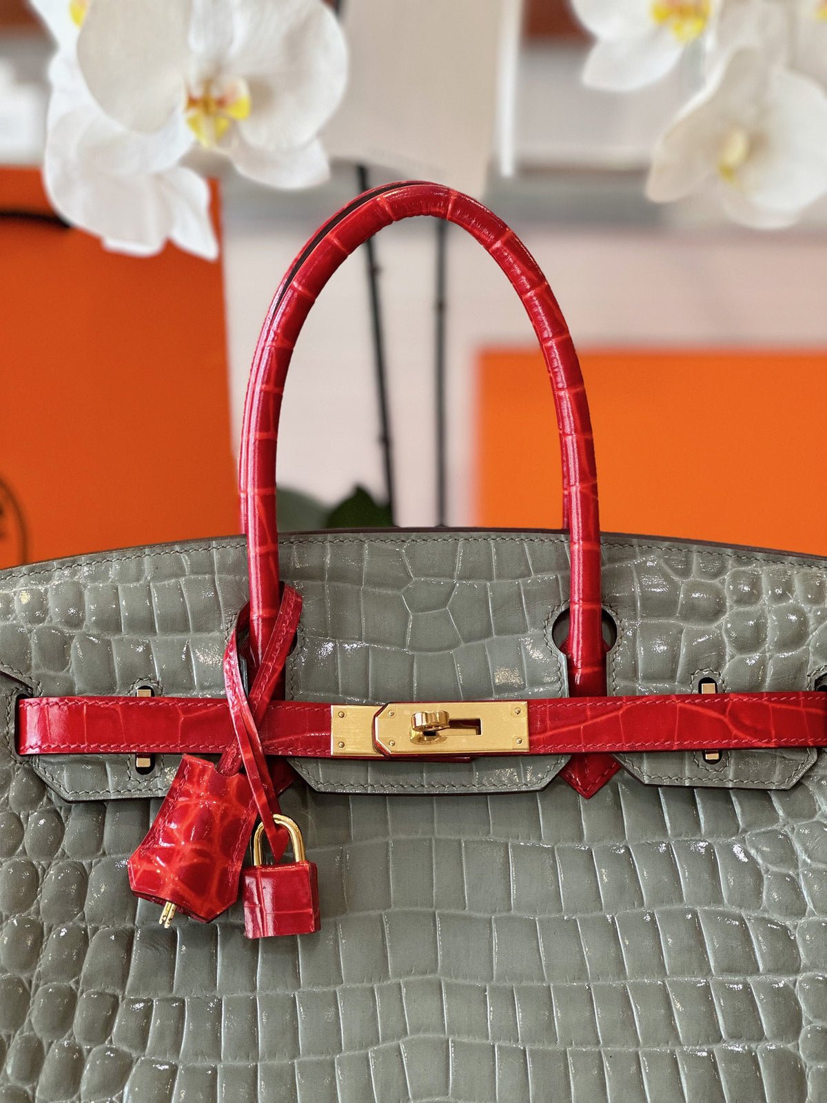 HN Genuine Crocodile Leather Gray and Red Custom Made