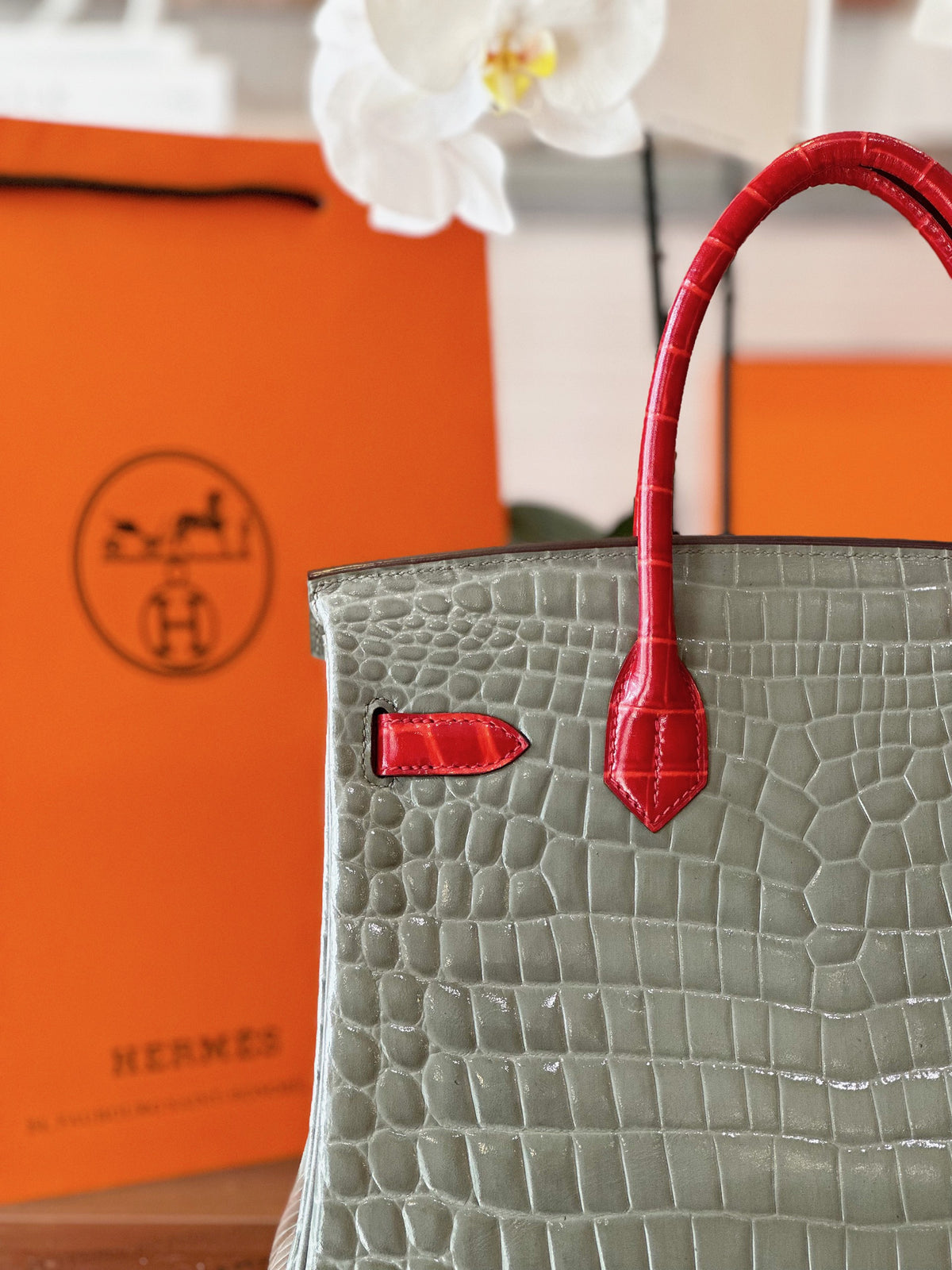 HN Genuine Crocodile Leather Gray and Red Custom Made