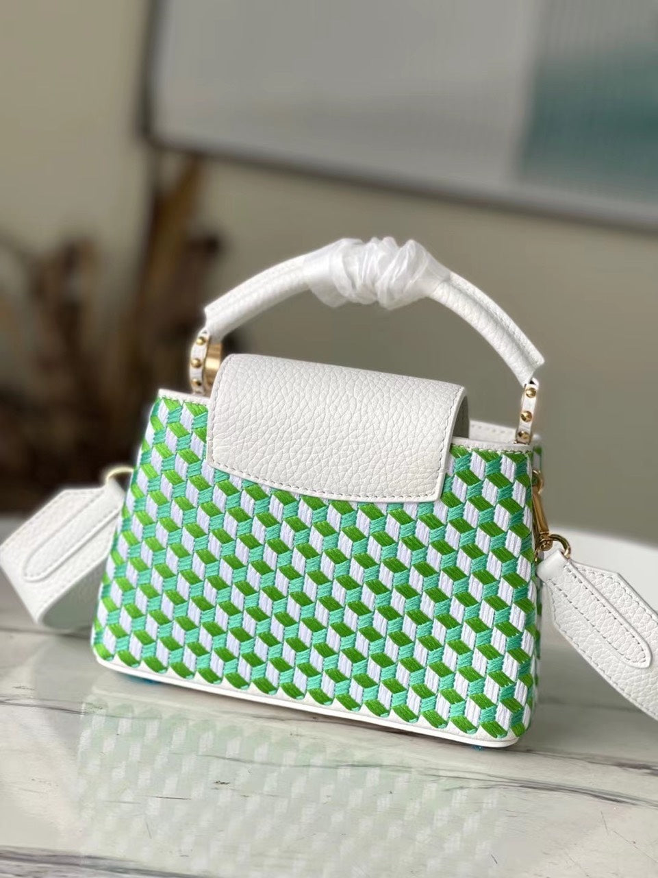 Louis Vuitton LV Capucines Green And White Pattern Handbags 21cm