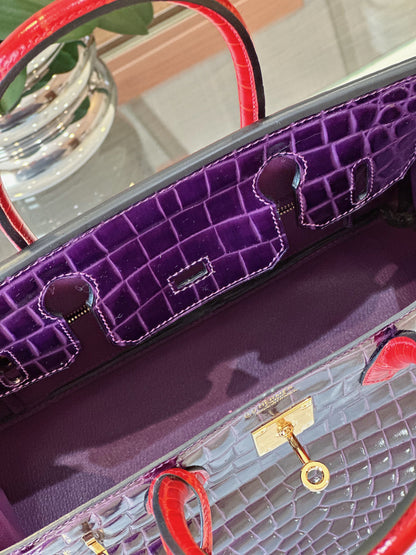 HN 30 Purple/Red Genuine Crocodile Leather Gold Hardware
