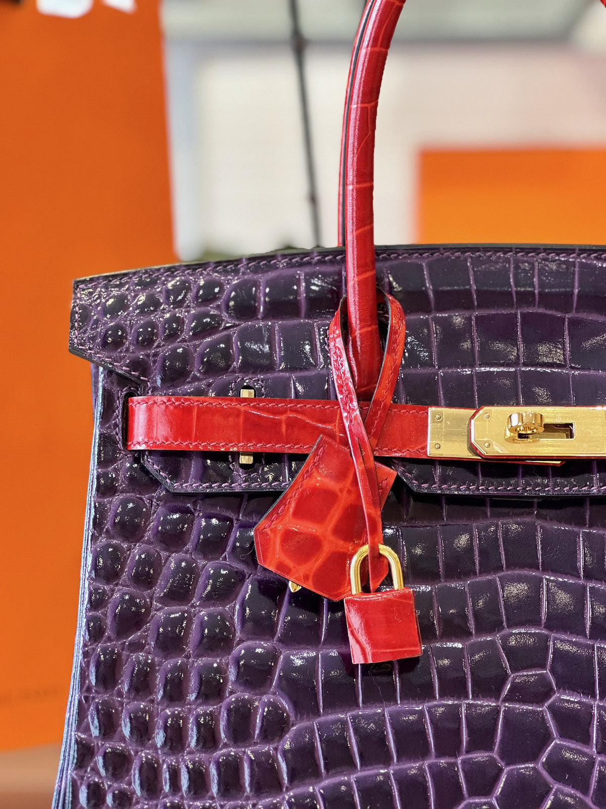 HN 30 Purple/Red Genuine Crocodile Leather Gold Hardware