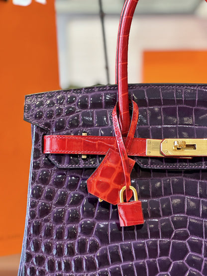 HN 30 Purple/Red Genuine Crocodile Leather Gold Hardware