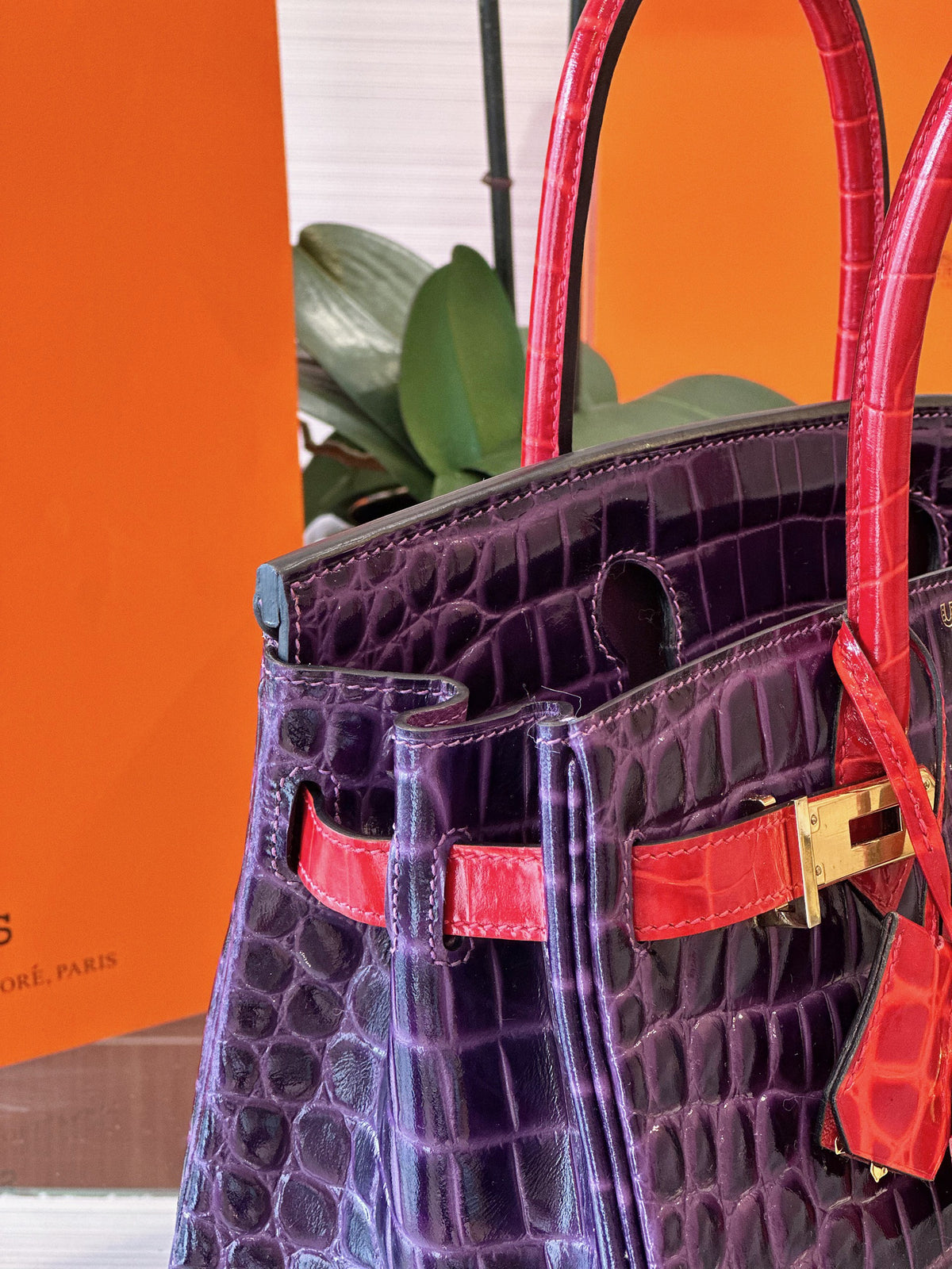 HN 30 Purple/Red Genuine Crocodile Leather Gold Hardware
