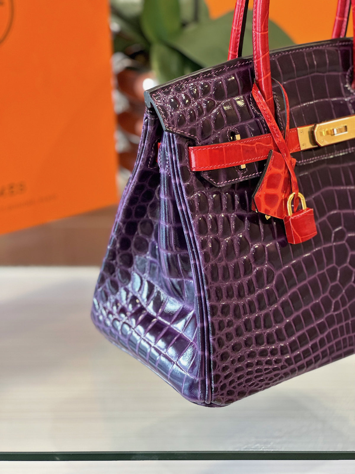 HN 30 Purple/Red Genuine Crocodile Leather Gold Hardware